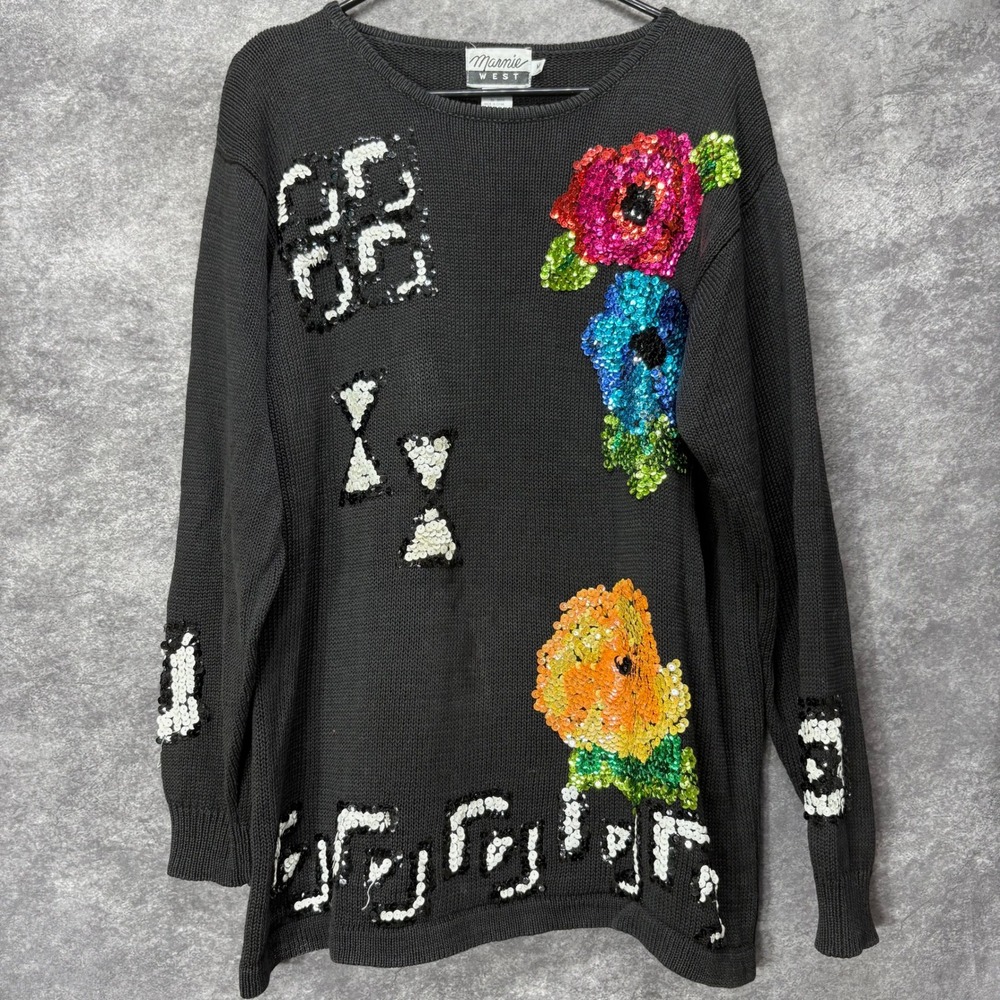 Vintage 80s Marnie West Sequin Floral Sweater Womens Size M Black Maximalist